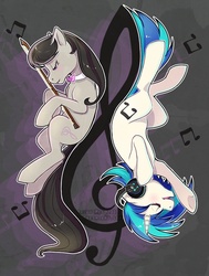 Size: 755x1000 | Tagged: safe, artist:kaceymeg, dj pon-3, octavia melody, vinyl scratch, g4, bow (instrument), duality, headphones, music notes, upside down