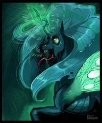 Size: 576x691 | Tagged: safe, artist:aspendragon, queen chrysalis, changeling, changeling queen, g4, fangs, female, forked tongue, glowing horn, green eyes, horn