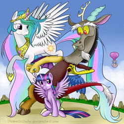 Size: 700x700 | Tagged: safe, artist:swanlullaby, discord, princess celestia, spike, twilight sparkle, alicorn, pony, g4, female, hot air balloon, mare, twilight sparkle (alicorn), twinkling balloon