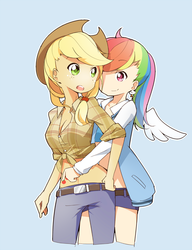 Size: 1000x1302 | Tagged: safe, artist:sunyukun, applejack, rainbow dash, human, g4, adorable face, belly button, blue background, butt touch, clothes, cowgirl, cute, earring, feathermarking, female, front knot midriff, hat, hug, hug from behind, humanized, jeans, lesbian, looking at each other, looking back, midriff, open mouth, pants, pixiv, ship:appledash, shipping, shorts, simple background, smiling, winged humanization, wings