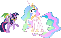 Size: 1707x1080 | Tagged: safe, artist:dolenore, princess celestia, spike, twilight sparkle, alicorn, dragon, pony, unicorn, g4, cosplay, crown, dragons riding ponies, ethereal mane, female, hat, hoof shoes, jewelry, link, linkspike, male, mare, master sword, peytral, regalia, riding, rope, simple background, spike riding twilight, sword, the legend of zelda, transparent background, trio, unicorn twilight, vector