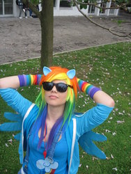 Size: 1024x1365 | Tagged: safe, artist:miraclevivi, rainbow dash, human, g4, cosplay, glasses, irl, irl human, photo, solo