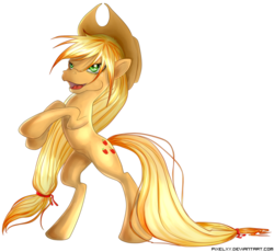 Size: 1024x941 | Tagged: safe, artist:pixelxy, applejack, g4, female, rearing, simple background, solo