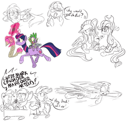 Size: 2000x2000 | Tagged: safe, artist:xenon, angel bunny, apple bloom, applejack, fluttershy, rainbow dash, scootaloo, spike, sweetie belle, twilight sparkle, dragon, earth pony, pegasus, pony, rabbit, unicorn, g4, cutie mark crusaders, dragons riding ponies, female, magic, male, mare, riding, simple background, sketch dump, spike riding twilight, telekinesis, unicorn twilight, white background