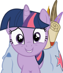 Size: 10021x11597 | Tagged: safe, artist:xenoneal, twilight sparkle, pony, g4, the crystal empire, absurd resolution, female, looking at you, nervous, nervous smile, quill, saddle bag, scroll, simple background, smiling, smiling at you, solo, transparent background, vector