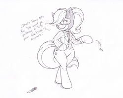 Size: 1071x854 | Tagged: safe, artist:joey darkmeat, applejack, earth pony, pony, g4, applebucking thighs, bipedal, crossover, female, meet the spy, monochrome, sketch, solo, spy, spy (tf2), team fortress 2, traditional art, wide hips