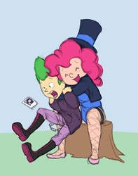 Size: 580x735 | Tagged: safe, artist:carnifex, pinkie pie, rarity, spike, g4, boots, clothes, female, fishnet clothing, fishnet stockings, hape, hat, hug, humanized, magician outfit, male, pants, photo, ship:pinkiespike, shipping, shoes, spikelove, stockings, straight, thigh highs, top hat