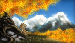 Size: 1200x682 | Tagged: dead source, safe, artist:joey darkmeat, artist:neptali54, applejack, earth pony, pony, g4, autumn, dappled sunlight, female, scenery, sitting, solo, straw, tree