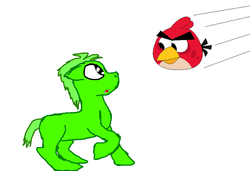 Size: 900x615 | Tagged: safe, oc, bird, cardinal, earth pony, pony, angry birds, crossover, green pony, misunderstanding, red bird, simple background