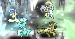 Size: 2880x1536 | Tagged: safe, artist:shinkuma, bon bon, derpy hooves, doctor whooves, lyra heartstrings, sweetie drops, time turner, earth pony, pegasus, pony, unicorn, g4, cave, female, male, mare, stallion