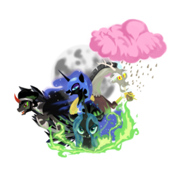 Size: 974x970 | Tagged: safe, artist:rixnane, discord, king sombra, nightmare moon, queen chrysalis, umbrum, g4, antagonist