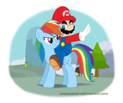Size: 1984x1664 | Tagged: safe, artist:chainchomp7, derpy hooves, rainbow dash, human, pegasus, pony, g4, crossover, female, humans riding ponies, male, mare, maridash, mario, mario bros riding rainbow dash, nintendo, pipe, riding, riding a pony, super mario bros., warp pipe