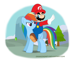 Size: 1984x1664 | Tagged: safe, artist:chainchomp7, derpy hooves, rainbow dash, human, pegasus, pony, g4, crossover, female, humans riding ponies, male, mare, maridash, mario, nintendo, pipe, riding, riding a pony, super mario bros., warp pipe