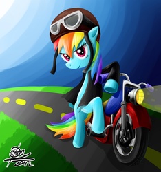 Size: 1324x1413 | Tagged: safe, artist:otlstory, rainbow dash, earth pony, pony, g4, bipedal, clothes, female, goggles, grass, helmet, jacket, lidded eyes, looking at you, mare, motorcycle, race swap, road, signature, smirk, solo, wingless