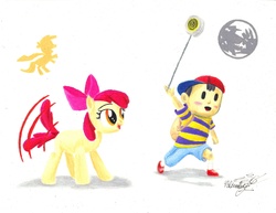 Size: 3300x2552 | Tagged: safe, artist:primogenitor34, apple bloom, g4, behaving like a dog, crossover, earthbound, ness, nintendo, tail, tail wag, traditional art, yo-yo