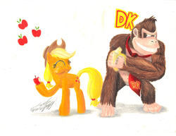 Size: 1716x1326 | Tagged: safe, artist:primogenitor34, applejack, g4, apple, crossover, cutie mark, donkey kong, donkey kong country, food, nintendo, traditional art