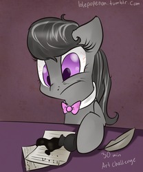 Size: 1280x1536 | Tagged: safe, artist:lolepopenon, octavia melody, earth pony, pony, g4, female, ink, inkwell, messy, quill, solo, table