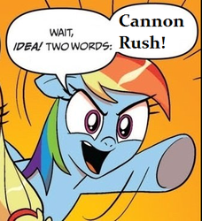 Size: 334x366 | Tagged: safe, applejack, rainbow dash, g4, cannon rush, comic, exploitable meme, meme, starcraft, starcraft 2, two words meme