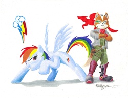 Size: 3300x2552 | Tagged: safe, artist:primogenitor34, rainbow dash, fox, g4, crossover, cutie mark, fox mccloud, nintendo, star fox, traditional art