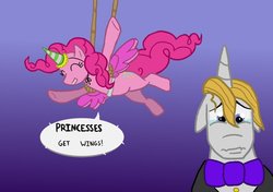 Size: 850x600 | Tagged: safe, artist:man-eating-llama, pinkie pie, prince blueblood, g4, blueabuse, crying, fake wings