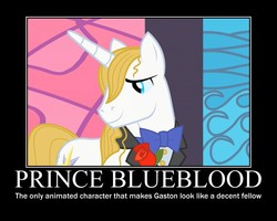 Size: 750x600 | Tagged: safe, edit, screencap, prince blueblood, g4, the best night ever, beauty and the beast, blueabuse, gaston legume, text