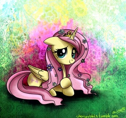 Size: 1134x1056 | Tagged: safe, artist:cherryviolets, fluttershy, alicorn, pony, g4, alicornified, female, fluttercorn, race swap, solo