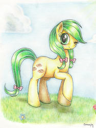 Size: 1483x1970 | Tagged: safe, artist:evomanaphy, apple fritter, earth pony, pony, g4, apple family member, female, looking at you, mare, one eye closed, smiling, smiling at you, solo, traditional art, wink