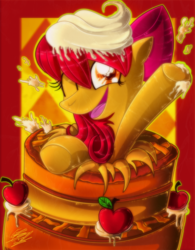 Size: 678x868 | Tagged: safe, artist:mrsemmyj, apple bloom, g4, cake, female, pie, popping out of a cake, solo