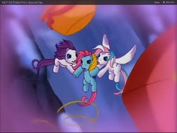 Size: 1024x768 | Tagged: safe, edit, edited screencap, screencap, cloud climber, star catcher, thistle whistle, pegasus, pony, a very minty christmas, g3, animation error, female, flying, mare, trio, trio female, youtube