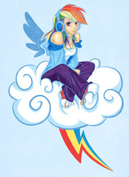 Size: 600x826 | Tagged: safe, artist:luda, rainbow dash, human, g4, cloud, converse, headphones, humanized, pixiv, shoes, winged humanization