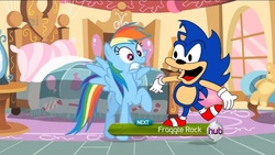 Size: 1024x577 | Tagged: safe, edit, edited screencap, screencap, rainbow dash, pegasus, pony, g4, party of one, season 1, crossover, fraggle rock, hub logo, hubble, male, sonic the hedgehog, sonic the hedgehog (series), the hub, the simpsons