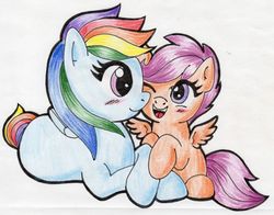 Size: 700x550 | Tagged: safe, artist:warumono1989, rainbow dash, scootaloo, pegasus, pony, g4, blank flank, blushing, female, filly, foal, lying down, mare, nuzzling, one eye closed, open mouth, prone, scootalove, simple background, sitting, spread wings, traditional art, white background, wings