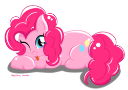 Size: 1440x1020 | Tagged: safe, artist:emmybear24, pinkie pie, earth pony, pony, g4, :p, female, looking at you, mare, one eye closed, prone, simple background, solo, tongue out, transparent background, wink
