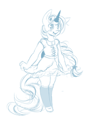 Size: 1280x1683 | Tagged: safe, artist:themaliciouskitty, silver glow (g2), unicorn, anthro, g2, g4, blushing, chibi, clothes, cute, dress, female, g2 to g4, generation leap, happy, horn, monochrome, open mouth, open smile, simple background, sketch, smiling, solo, white background