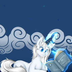 Size: 1280x1280 | Tagged: safe, artist:themaliciouskitty, silver glow (g2), pony, unicorn, tumblr:ask silver glow, g2, ask, book, female, glowing, glowing horn, horn, levitation, magic, magic aura, mare, reading, solo, tail, telekinesis, tumblr
