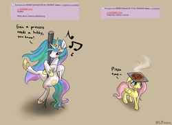 Size: 1190x866 | Tagged: safe, artist:mlpanon, fluttershy, princess celestia, alicorn, pegasus, pony, g4, 4chan, bedroom eyes, blushing, cute, cutelestia, female, floppy ears, mare, music notes, pizza, pole dancing, request, shyabetes, signature, smiling, stripper pole