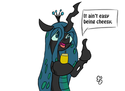Size: 792x576 | Tagged: safe, artist:olympic tea bagger, queen chrysalis, changeling, g4, cheese, cheeselegs, female, solo