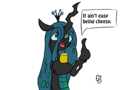 Size: 792x576 | Tagged: safe, artist:olympic tea bagger, queen chrysalis, changeling, g4, cheese, cheeselegs, eye clipping through hair, female, solo