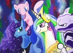 Size: 686x497 | Tagged: safe, artist:aurora-chiaro, princess celestia, princess luna, mew, mewtwo, g4, crossover, pokémon, traditional art