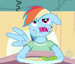 Size: 626x540 | Tagged: safe, screencap, rainbow dash, g4, read it and weep, animated, bed, chewing, cropped, eating, female, floppy ears, food, hospital bed, hub logo, loop, messy, messy eating, solo