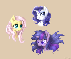 Size: 1600x1327 | Tagged: safe, artist:mlpanon, fluttershy, rarity, twilight sparkle, g4, alternate hairstyle, messy mane, portrait, twilight sparkle is not amused, unamused