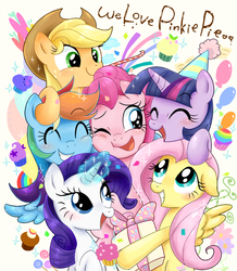Size: 600x689 | Tagged: safe, artist:ichigoaimin, applejack, fluttershy, pinkie pie, rainbow dash, rarity, twilight sparkle, g4, action poster, cupcake, happy, hat, mane six, party hat, party horn, present, smiling