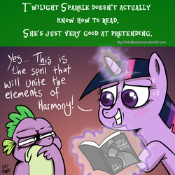 Size: 800x800 | Tagged: safe, artist:catfood-mcfly, spike, twilight sparkle, pony, mylittleheadcanon, g4, bad poker face, book, dialogue, fifty shades of grey, glowing horn, grin, hilarious in hindsight, horn, i never learned to read, magic, magic aura, narrowed eyes, nervous, nervous smile, poker face, raised hoof, simple background, smiling, suspicious, sweat, telekinesis