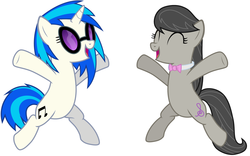Size: 1500x936 | Tagged: safe, edit, dj pon-3, octavia melody, vinyl scratch, earth pony, pony, unicorn, g4, bipedal, bowtie, cutie mark, eyes closed, female, hooves, horn, incoming hug, mare, open mouth, simple background, sunglasses, vector, white background