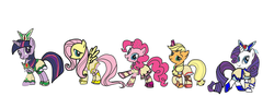 Size: 1024x360 | Tagged: safe, artist:omegaridersangou, applejack, fluttershy, pinkie pie, rarity, twilight sparkle, g4, 2007, cure aqua, cure dream, cure lemonade, cure mint, cure rouge, precure, pretty cure, yes! precure 5