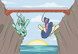 Size: 800x553 | Tagged: dead source, safe, artist:acidandgrit, bon bon, lyra heartstrings, sweetie drops, earth pony, pony, unicorn, g4, bridge, bungee jumping, duo, falling, rope, smiling