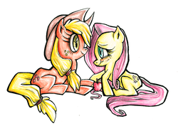 Size: 772x546 | Tagged: safe, artist:nashimi, applejack, fluttershy, g4, apple, traditional art