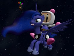 Size: 900x675 | Tagged: safe, artist:jjsonicblast86, princess luna, g4, 3d, bomberman, crossover, flying, friendship, space