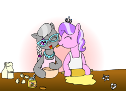 Size: 1024x737 | Tagged: safe, artist:merkleythedrunken, diamond tiara, silver spoon, pony, g4, apron, clothes, cookie, female, filly, glasses, honey, lesbian, licking, one eye closed, ship:silvertiara, shipping