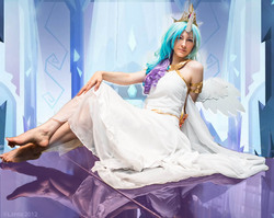 Size: 900x715 | Tagged: safe, artist:cosmic-empress, artist:gbright1, princess celestia, human, g4, barefoot, cosplay, feet, irl, irl human, photo, pose, solo